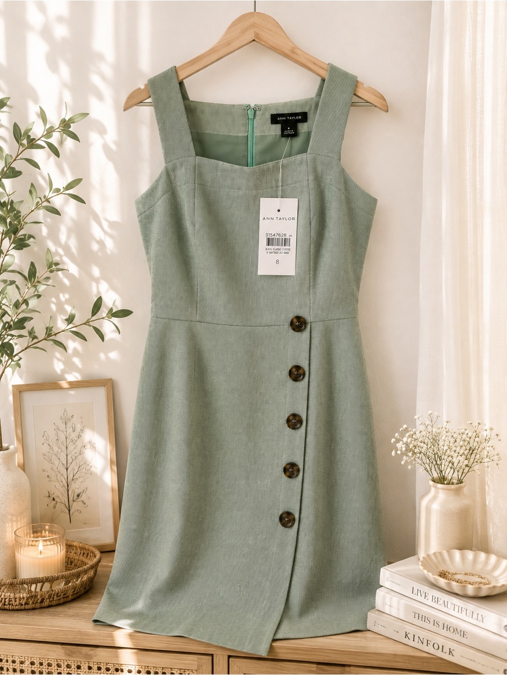 Ann Taylor Sage Green Button Front Dress Size 8